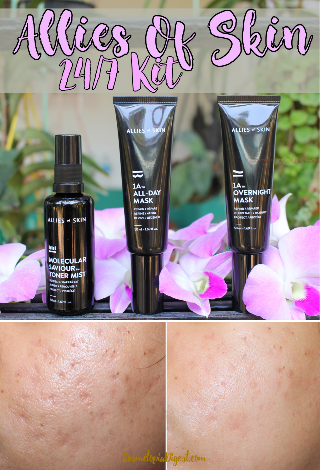  Review of the Allies of Skin 24/7 Skincare Kit, and before-and-after photos of the products' effect on the skin.