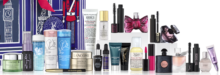 contents of the Selfridges Luxury 24-Day Beauty Advent Calendar for Holiday 2017.